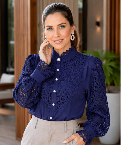 Comprar blusa social feminina renda  para looks sofisticados no trabalho ou eventos barato ANELLIMN