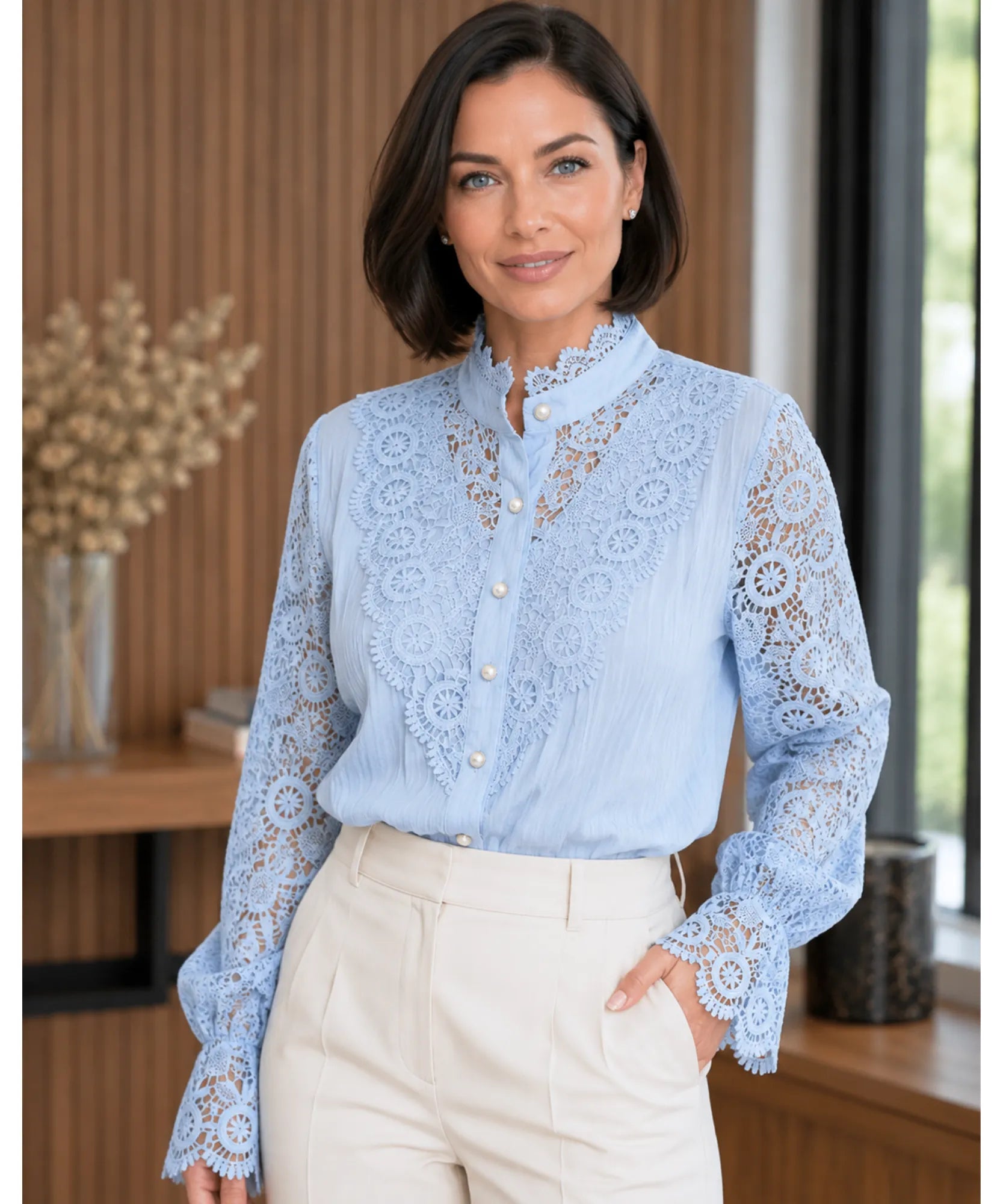 Comprar blusa social feminina renda  para looks sofisticados no trabalho ou eventos barato ANELLIMN