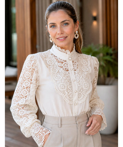 Comprar blusa social feminina renda  para looks sofisticados no trabalho ou eventos barato ANELLIMN