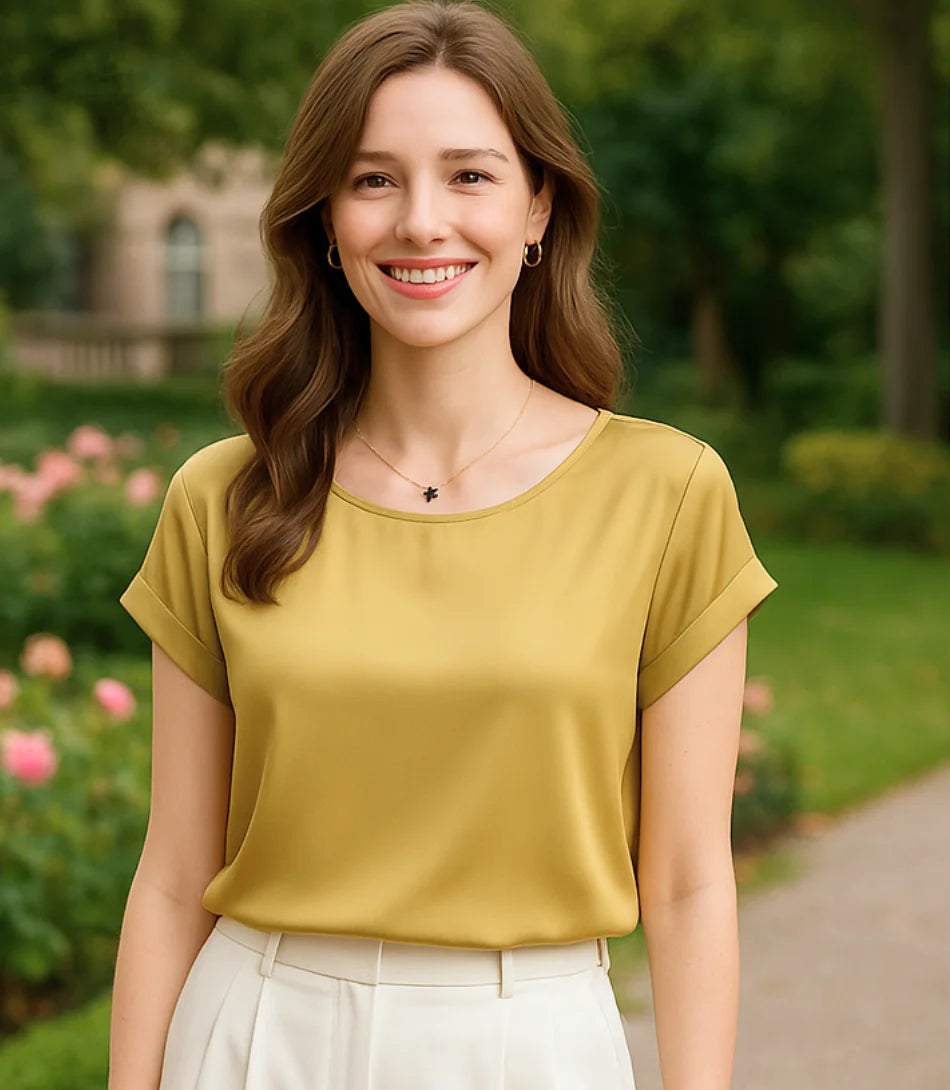 Comprar blusa social feminina seda  amarelo manga curta elegante para trabalho ou dia a dia em promoção ZARA
