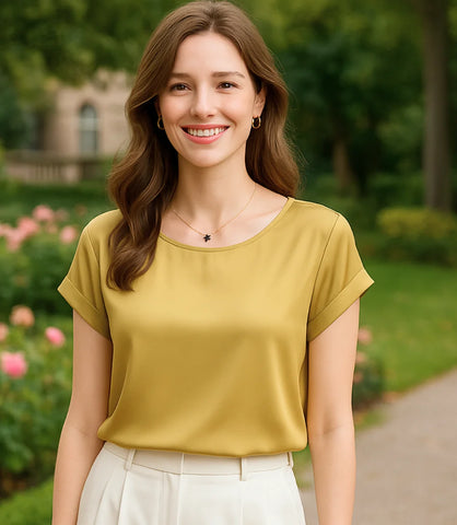 Comprar blusa social feminina seda  amarelo manga curta elegante para trabalho ou dia a dia em promoção ZARA
