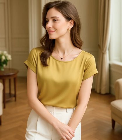 Comprar blusa social feminina seda  amarelo manga curta elegante para trabalho ou dia a dia em promoção ZARA
