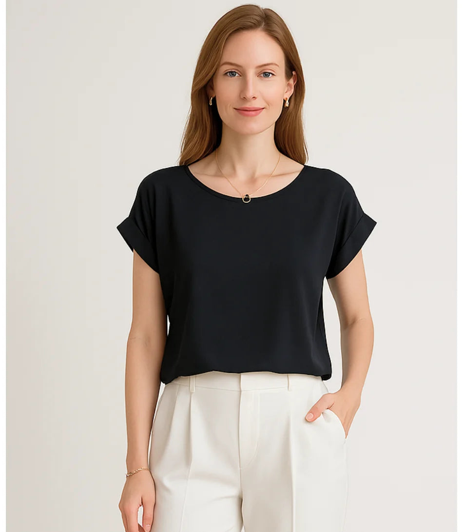 Comprar blusa social feminina seda  preto manga curta elegante para trabalho ou dia a dia em promoção ZARA
