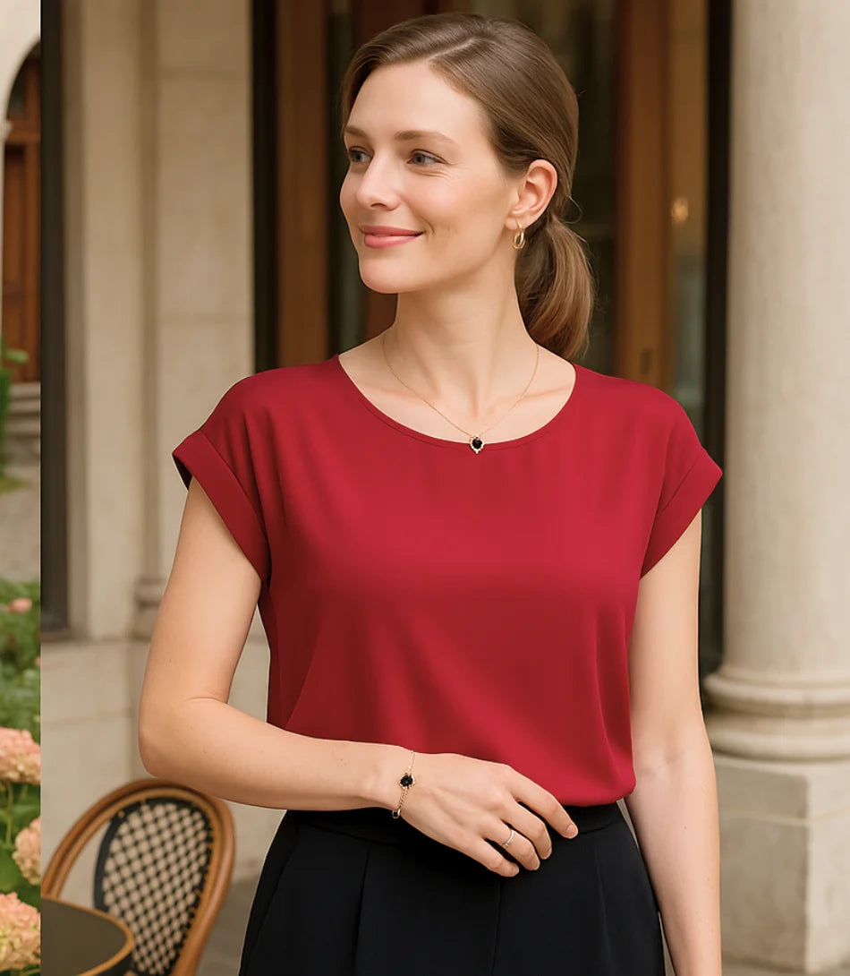 Comprar blusa social feminina seda  vermelho manga curta elegante para trabalho ou dia a dia em promoção ZARA
