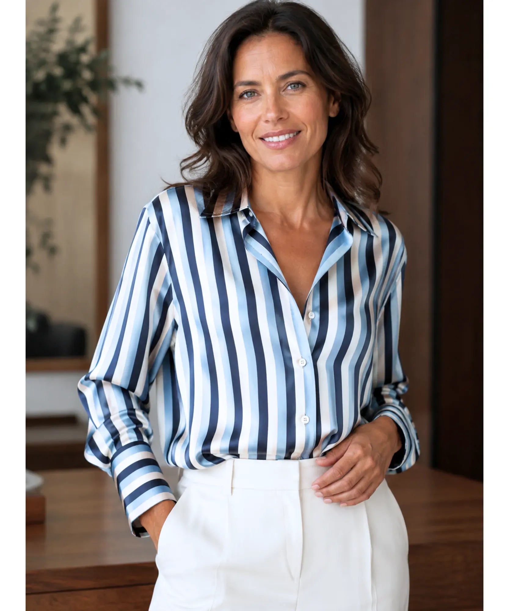 Comprar blusa social feminina de seda com brilho leve e manga longa para trabalho, eventos e ocasiões formais barato ANELLIMN