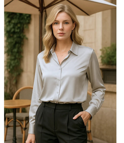 Comprar blusa social feminina de seda manga longa cinza para trabalho, eventos e ocasiões formais em promoção ZARA
