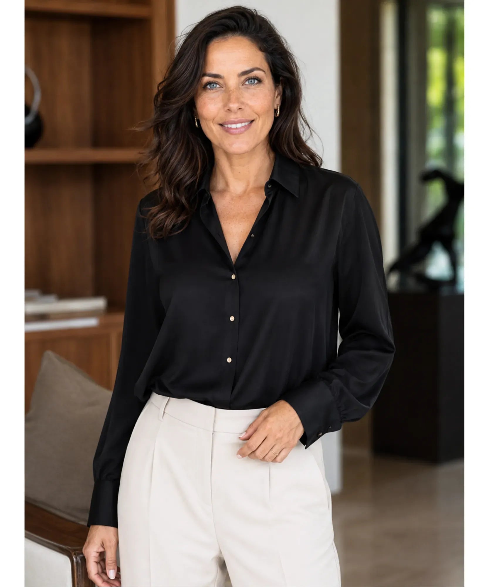 Comprar blusa social feminina de seda com brilho leve e manga longa para trabalho, eventos e ocasiões formais barato ANELLIMN