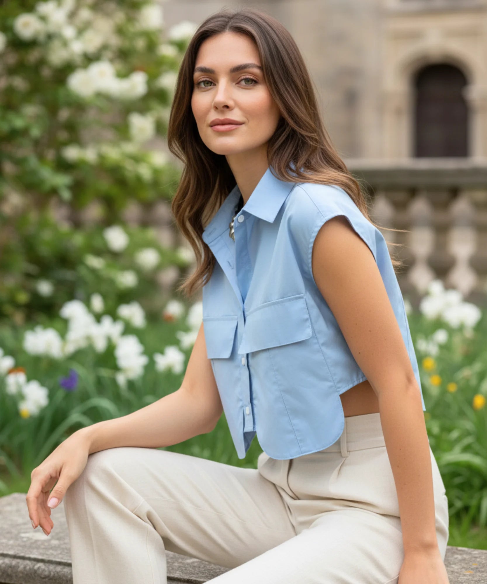 Comprar blusa social feminina sem manga curta com bolsos elegante para escritório trabalho e casual barato em promoção ZARA