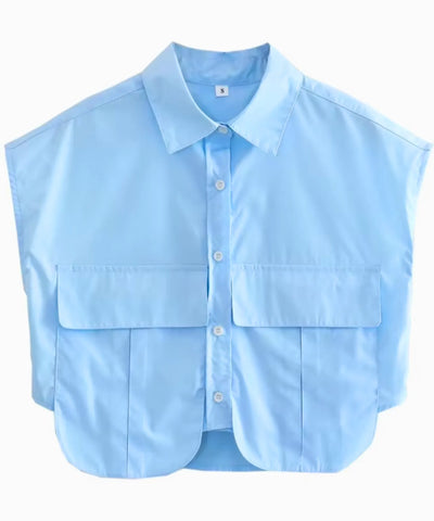 Comprar blusa casual feminina sem manga curta com bolsos elegante para escritório trabalho e casual barato em promoção ANELLIMN