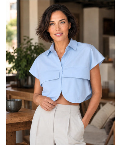 Comprar blusa casual feminina sem manga curta com bolsos elegante para escritório trabalho e casual barato em promoção ANELLIMN