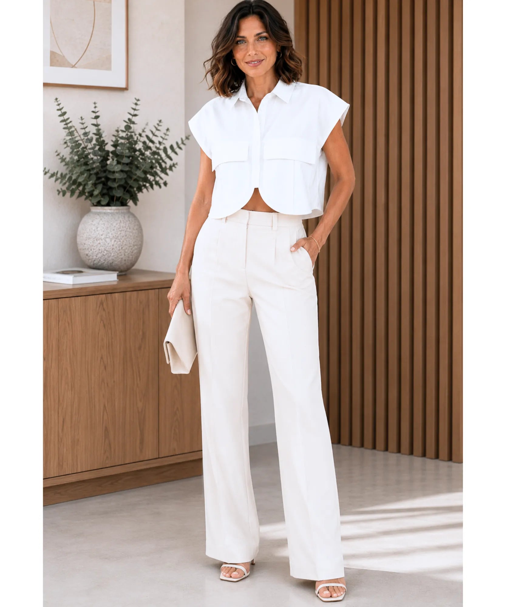 Comprar blusa casual feminina sem manga curta com bolsos elegante para escritório trabalho e casual barato em promoção ANELLIMN