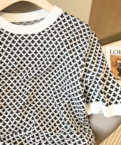 Comprar blusa social feminina tricot canelada quadriculada preta branca elegante manga curta trabalho escritório barato ANELLIMN 