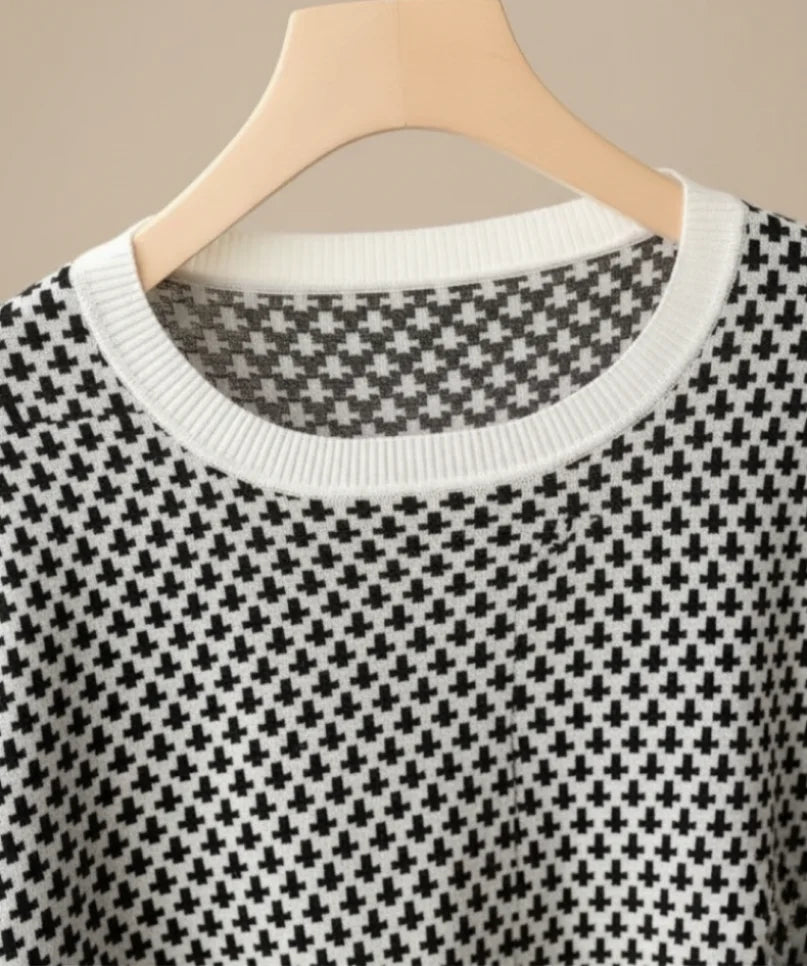 Comprar blusa social feminina tricot canelada quadriculada preta branca elegante manga curta trabalho escritório barato ANELLIMNS