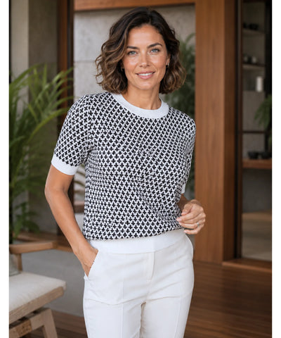 Comprar blusa social feminina tricot canelada quadriculada preta branca elegante manga curta trabalho escritório barato ANELLIMN 