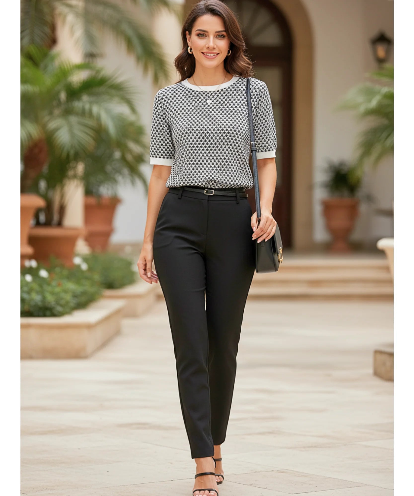 Comprar blusa social feminina tricot canelada quadriculada preta branca elegante manga curta trabalho escritório barato ANELLIMNS