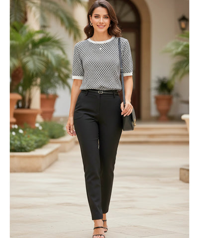 Comprar blusa social feminina tricot canelada quadriculada preta branca elegante manga curta trabalho escritório barato ANELLIMNS