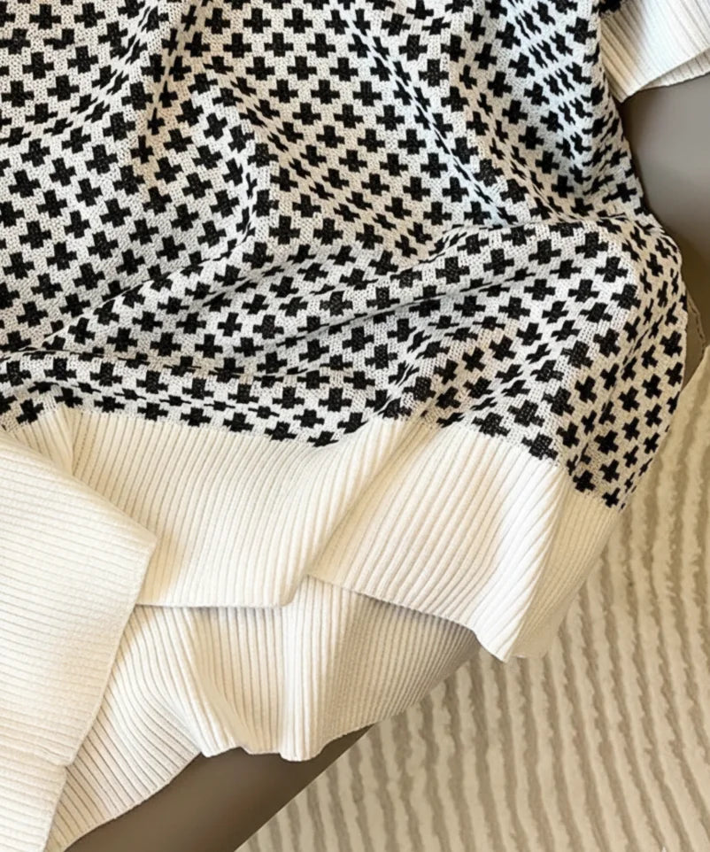 Comprar blusa social feminina tricot canelada quadriculada preta branca elegante manga curta trabalho escritório barato ANELLIMNS