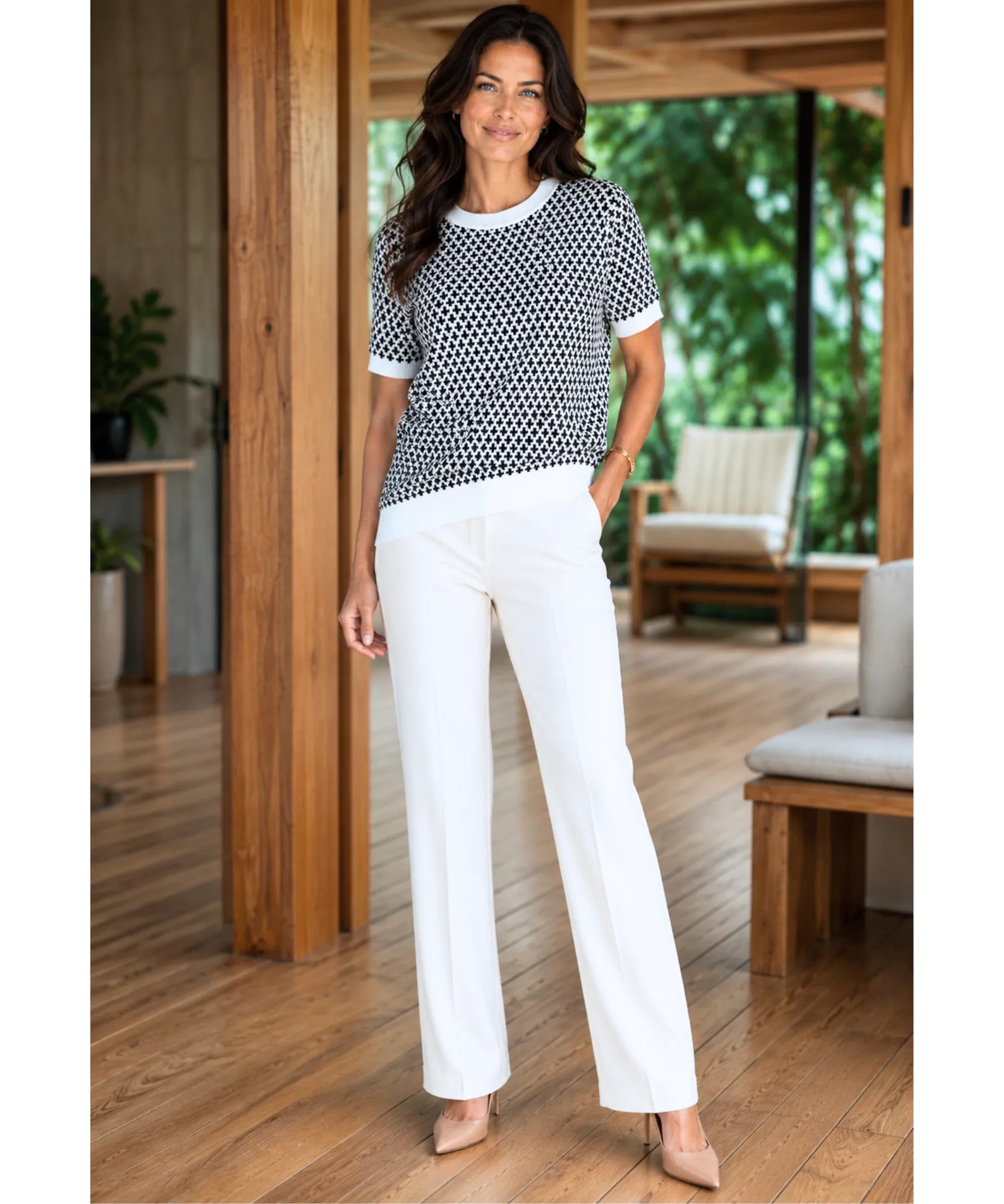 Comprar blusa social feminina tricot canelada quadriculada preta branca elegante manga curta trabalho escritório barato ANELLIMN 