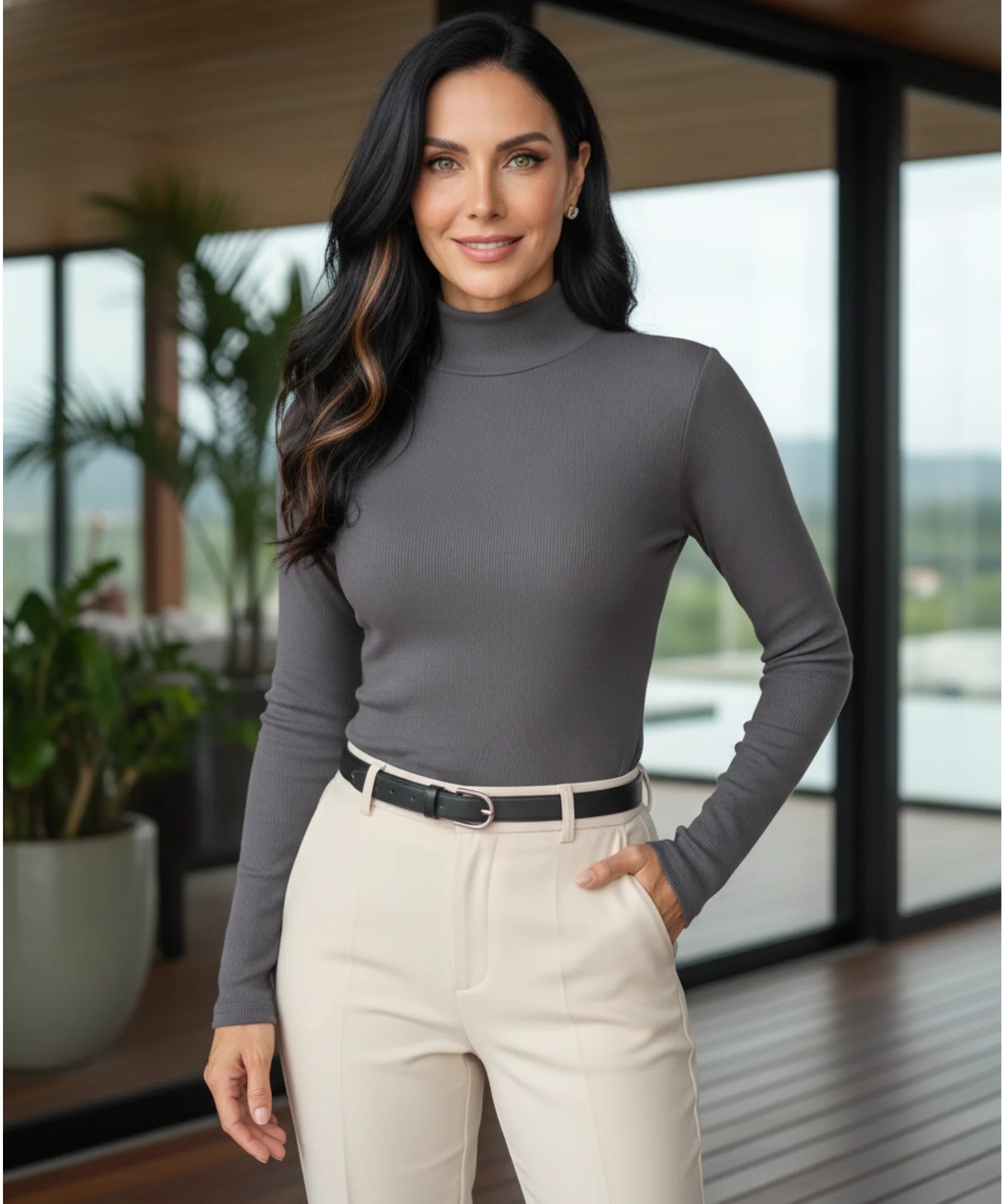 Comprar blusa térmica feminina gola alta canelada manga longa aquecimento barato promoção ANELLIMN