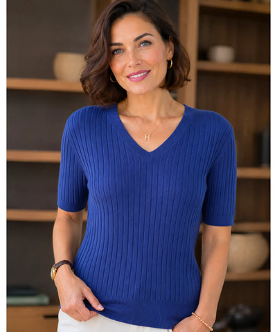 Comprar blusa tricot feminina canelada decote v azul barato Anellimn