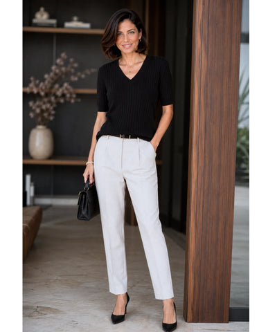 Comprar blusa tricot feminina canelada decote v preta em promoção Anellimn