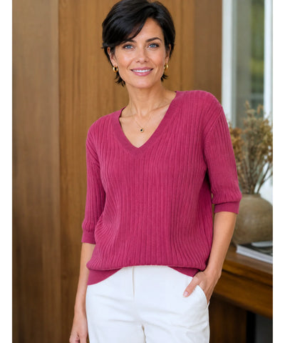 Comprar blusa tricot feminina canelada decote v rosa escuro barato Anellimn