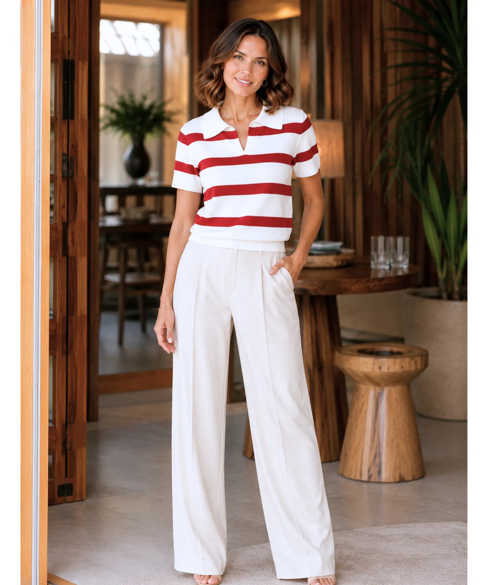Comprar blusa tricot canelada vermelha e branca listrada gola polo promoção