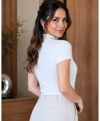 Comprar blusa tricot feminina canelada gola alta manga curta ajustada confortável para trabalho e uso casual barato ANELLIMN 