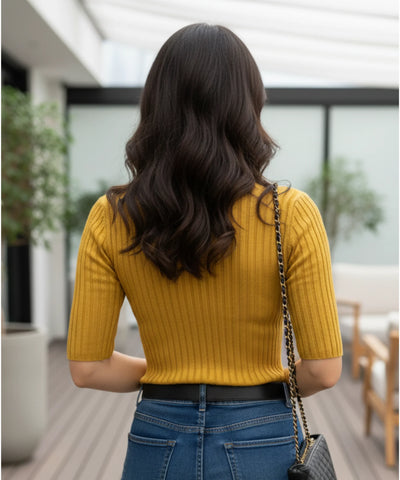 Comprar blusa tricot feminina canelada gola média manga curta segunda pele ajustada básica elástica elegante barato em promoção