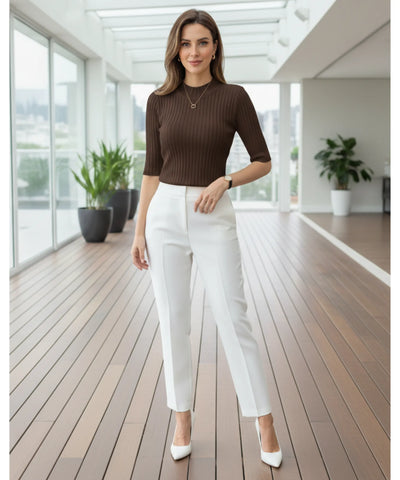 Blusa Tricot Feminina Canelada Gola Média Manga Curta Básica | Suane