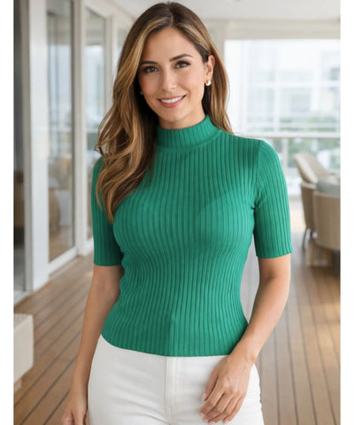 Blusa Tricot Feminina Canelada Gola Média Manga Curta Básica | Suane