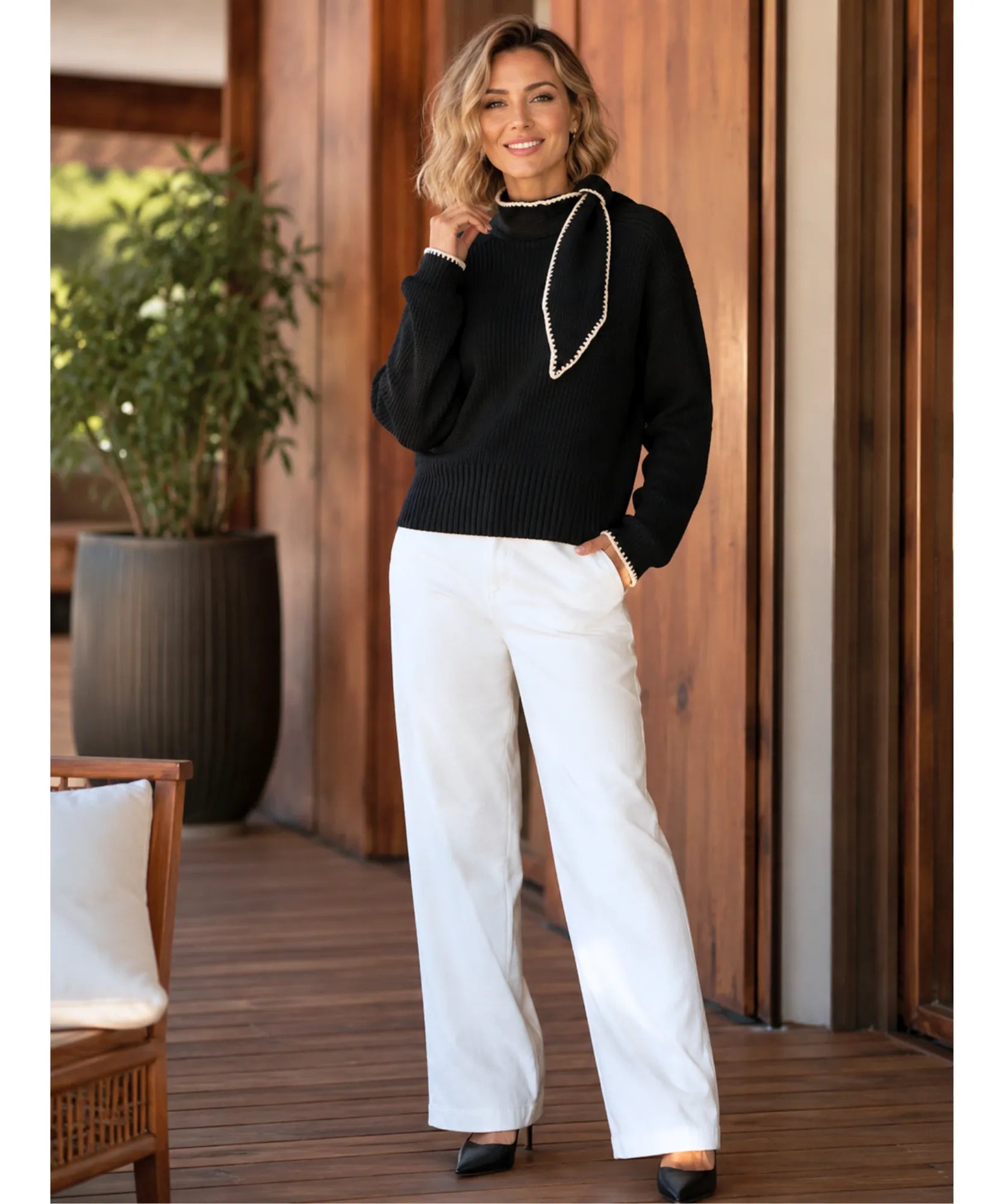 Comprar blusa tricot feminina canelada manga longa com laço na gola acabamento overlock inverno barato em promoção ANELLIMN