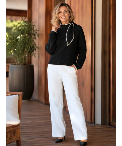 Comprar blusa tricot feminina canelada manga longa com laço na gola acabamento overlock inverno barato em promoção ANELLIMN