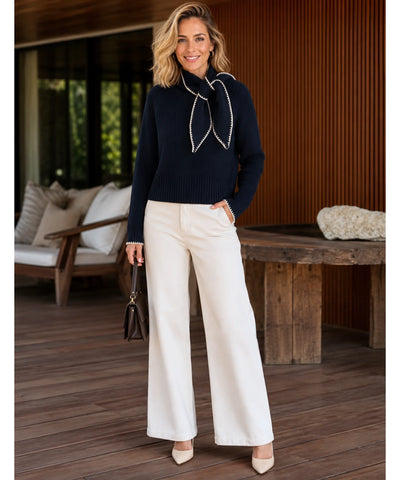 Comprar blusa tricot feminina canelada manga longa com laço na gola acabamento overlock inverno barato em promoção ANELLIMN