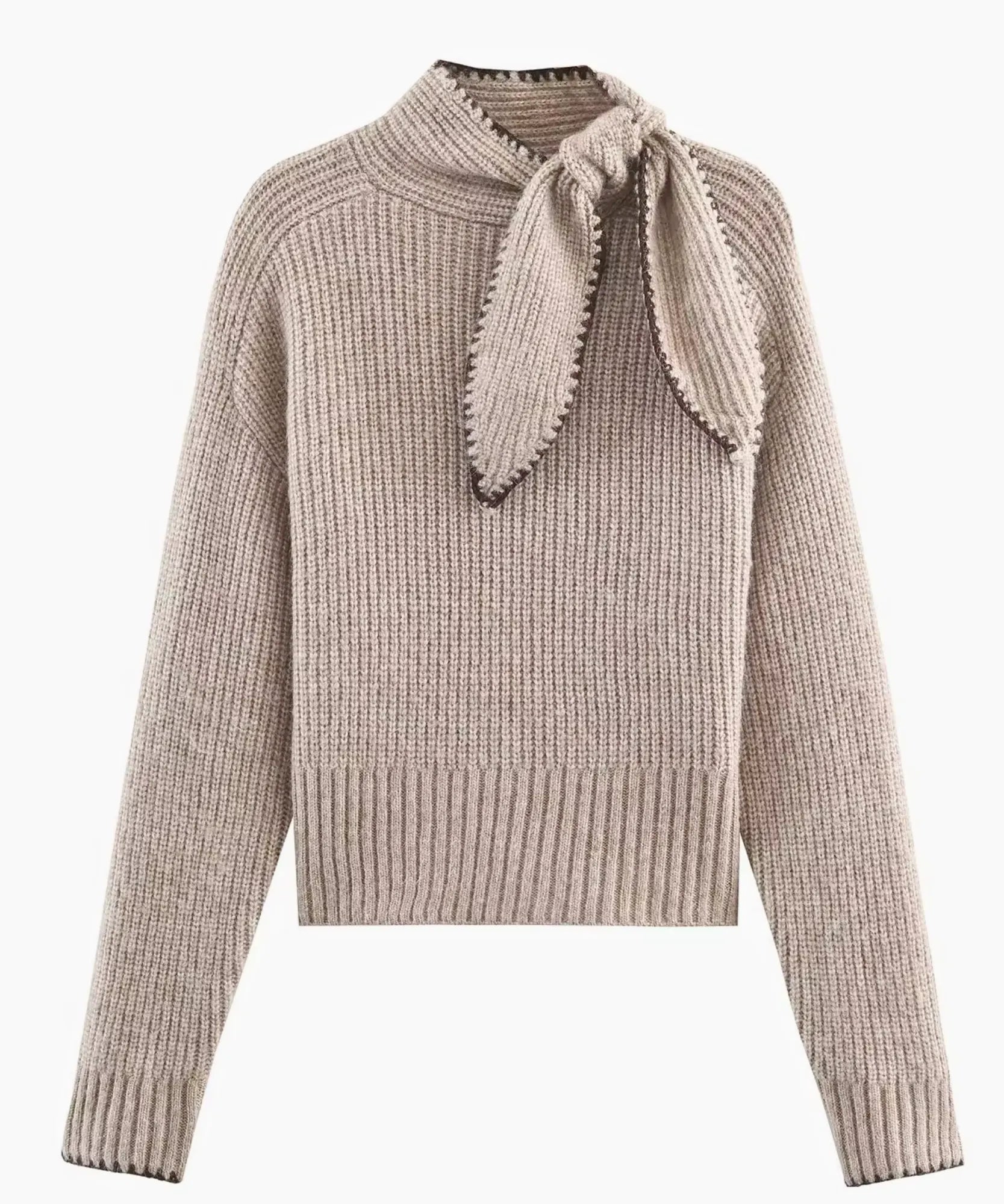 Comprar blusa tricot feminina canelada manga longa com laço na gola acabamento overlock inverno barato em promoção ANELLIMN