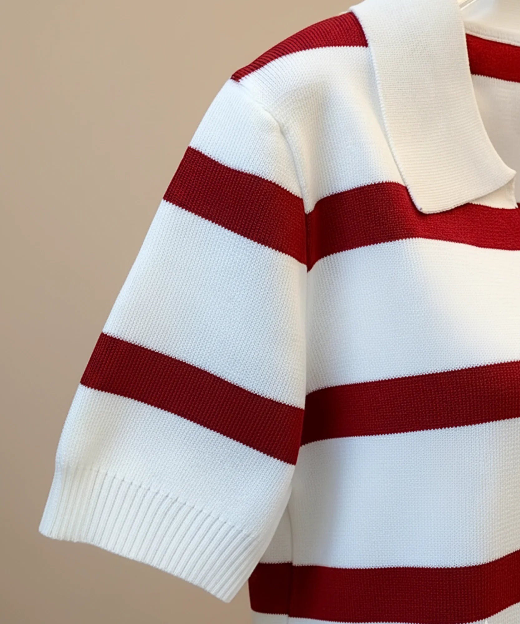 Comprar blusa tricot feminina canelada listrada gola polo manga curta malha macia confortável barato ANELLIMN