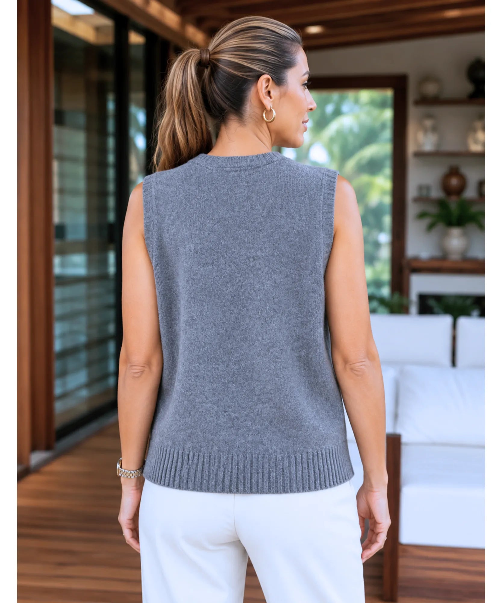 Comprar blusa tricot feminina colete gola V sem mangas malha macia barra canelada minimalista elegante outono inverno barato promoção Anellimn