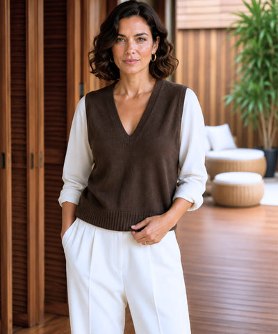 Comprar blusa tricot feminina colete gola V sem mangas malha macia barra canelada minimalista elegante outono inverno barato promoção Anellimn