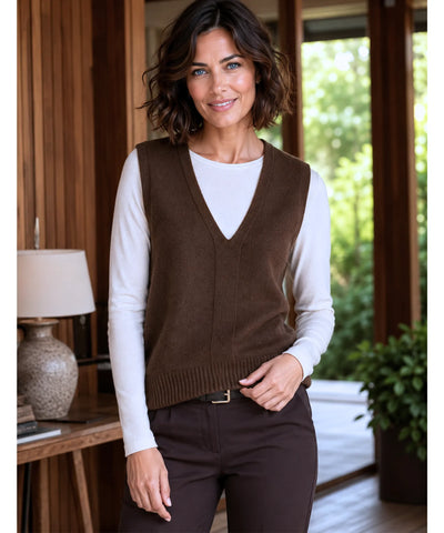 Comprar blusa tricot feminina colete gola V sem mangas malha macia barra canelada minimalista elegante outono inverno barato promoção Anellimn