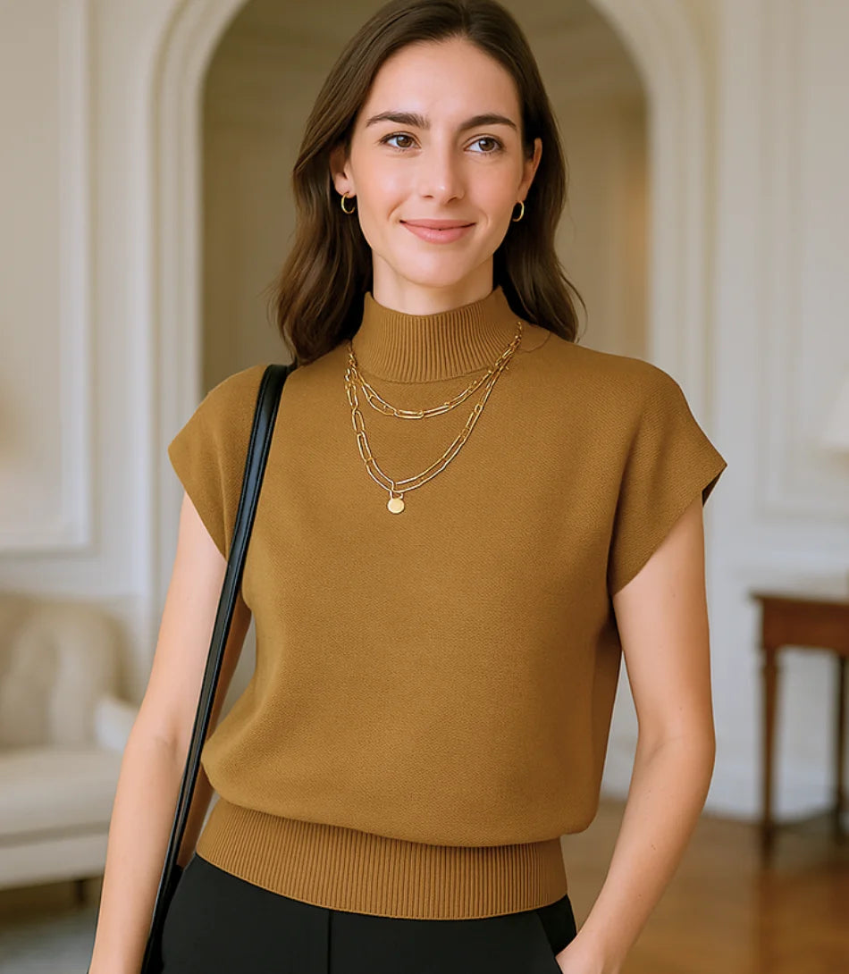 Comprar Blusa tricot feminina marrom gola alta sem manga elegante para looks casuais e urbanos ZARA

