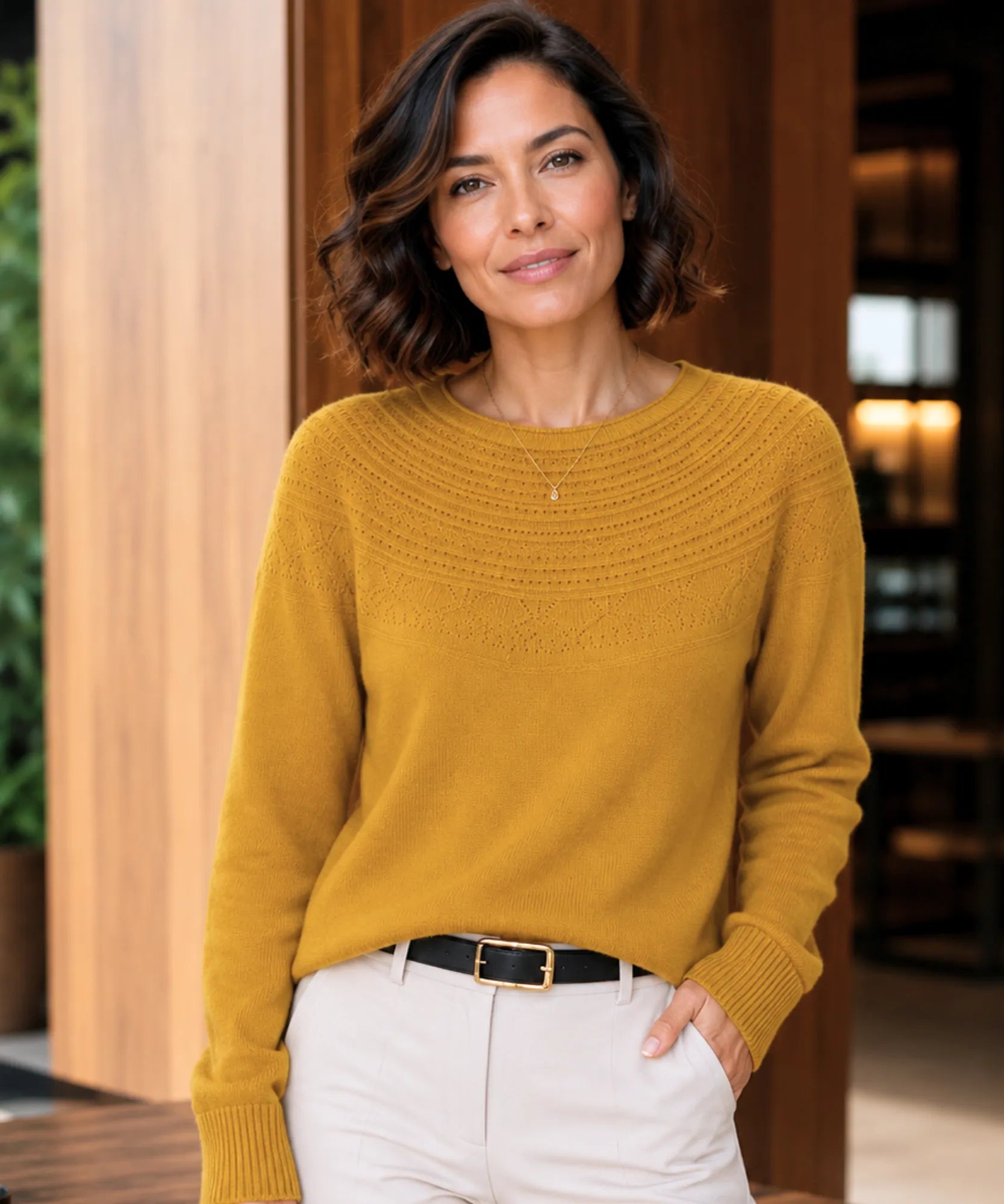 Comprar blusa tricot feminina 100% lã merino manga longa gola redonda com ponto vazado quente inverno barata em promoção Anellimn