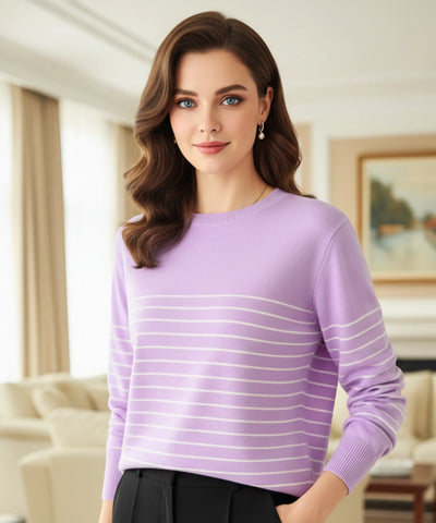 Comprar blusa tricot feminina listrada manga longa lilas macia premium conforto meia estação barato promoção frete grátis ANELLIMN