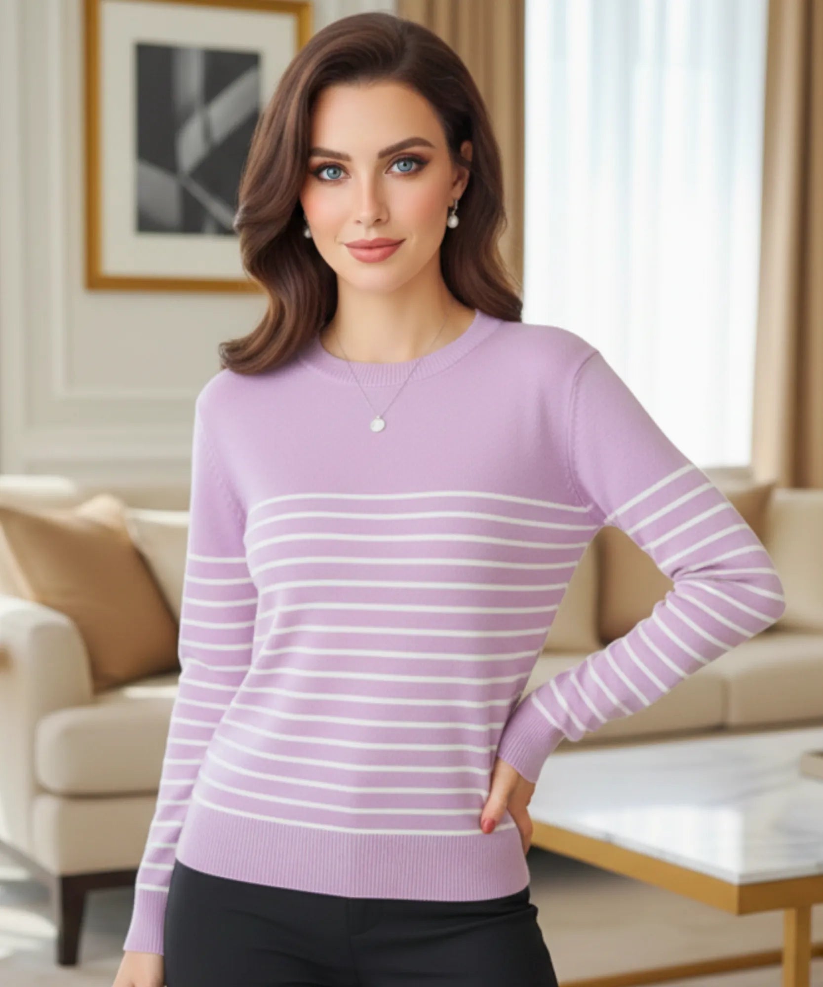 Comprar blusa tricot feminina listrada manga longa lilas macia premium conforto meia estação barato promoção frete grátis ANELLIMN