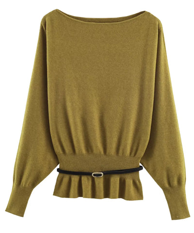 Comprar blusa tricot feminina ombro a ombro manga longa peplum com cinto inverno barata em promoção ANELLIMN