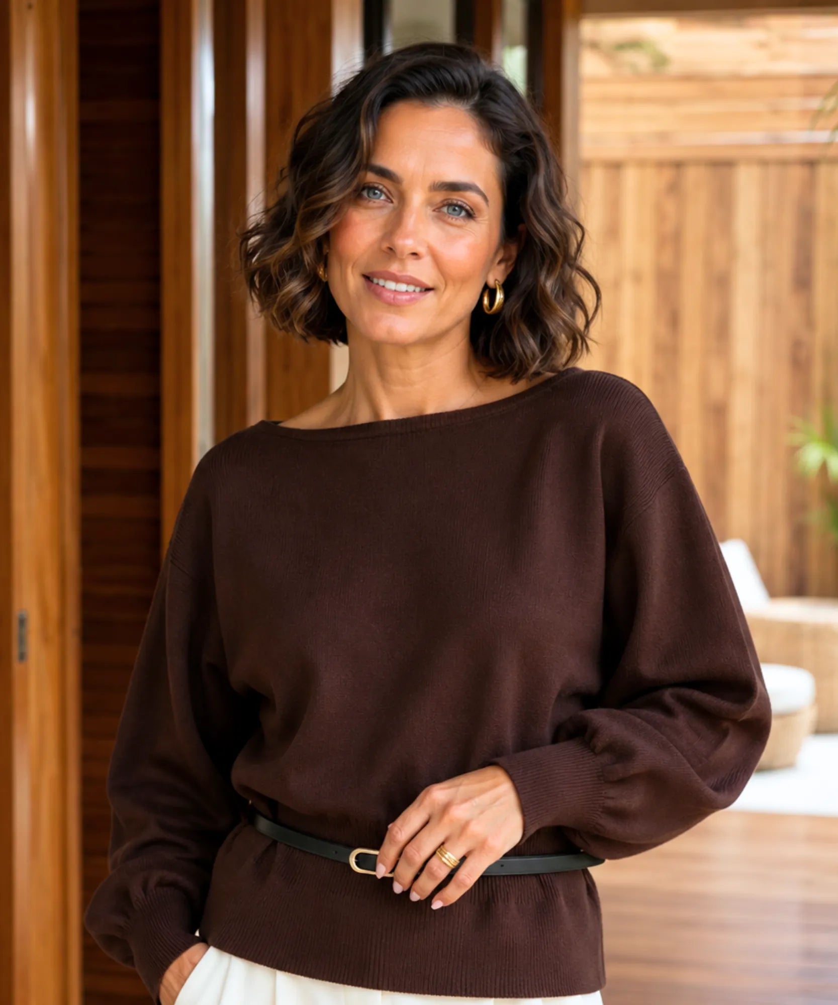 Comprar blusa tricot feminina ombro a ombro manga longa peplum com cinto inverno barata em promoção ANELLIMN
