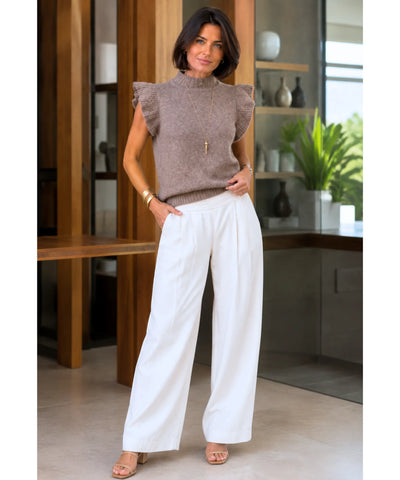 Comprar blusa tricot feminina sem manga babado ombro gola semi alta malha felpuda inverno várias cores barata em promoção ANELLIMN