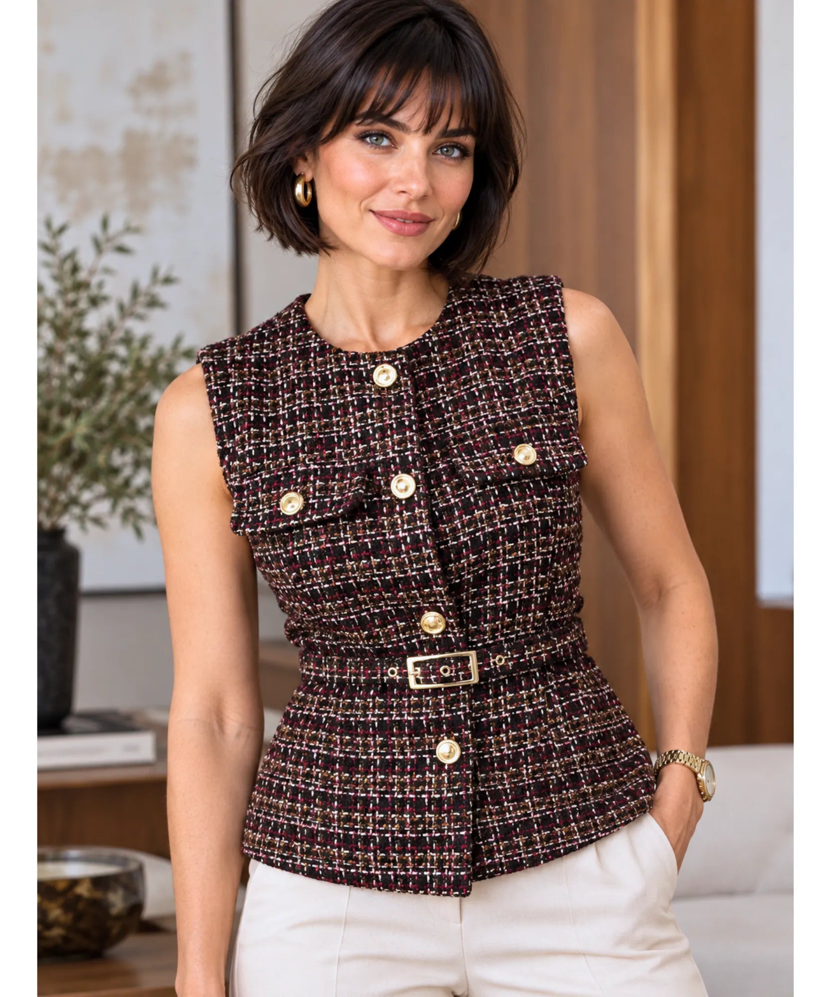 Comprar blusa tweed feminina marrom com botões dourados em promoção Anellimn