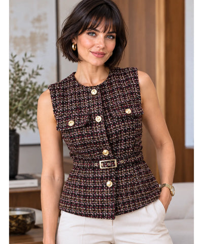 Comprar blusa tweed feminina marrom com botões dourados em promoção Anellimn