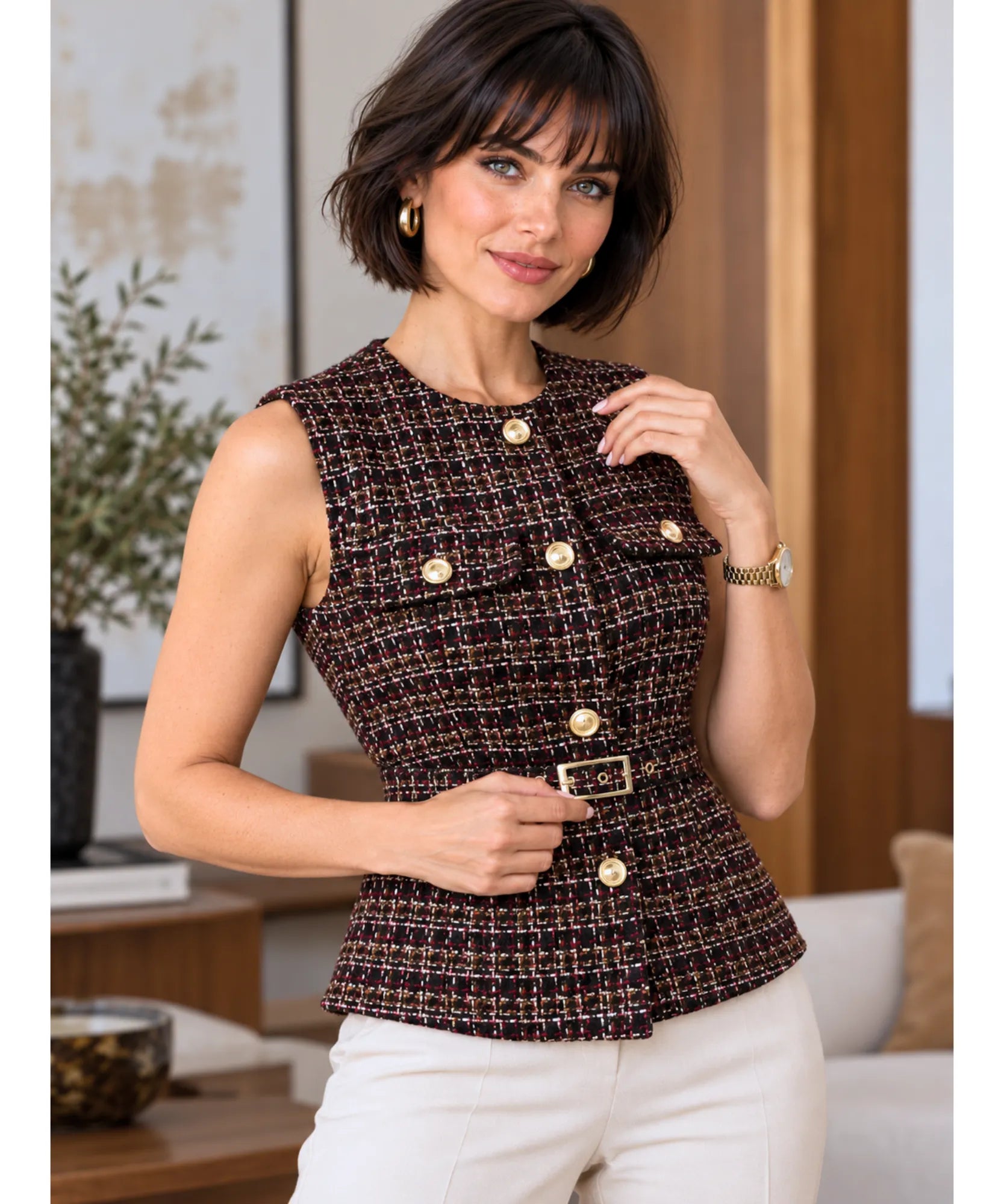 Comprar blusa tweed marrom com bolsos e cinto em promoção Anellimn
