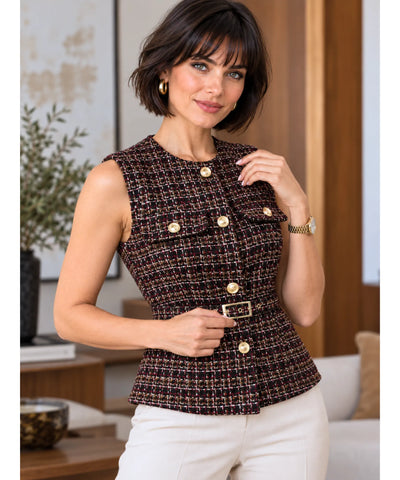 Comprar blusa tweed marrom com bolsos e cinto em promoção Anellimn